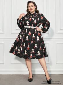 Marilyn Monroe X SHEIN Vestido largo elegante y casual de talla grande con estampado de retrato a lunares, otoño/invierno