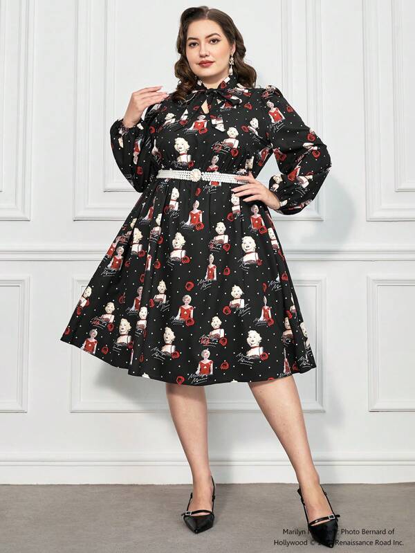 Marilyn Monroe X SHEIN Rochie Lungă Dimensiuni Plus Elegante Casual Retro Buline Print Portret, Toamna/Iarna