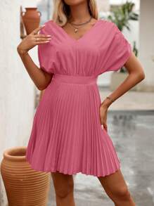 SHEIN Clasi Váy suông xếp ly đơn giản cổ chữ V tay cánh dơi cho nữ - Hồng - Xem 5