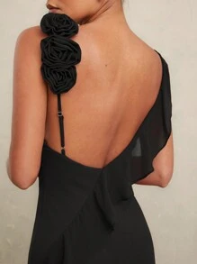 L'Amorae ROSETTE 不对称领口鱼尾下摆 BODYCON 连衣裙 - 黑色 - 查看 8