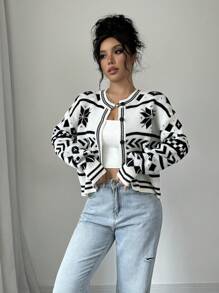 Chiquease 女式前扣长袖图案休闲上衣 - 黑與白 - 查看 3
