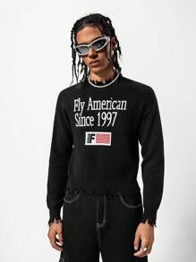 SHEIN 青少年秋装圆领长袖时尚破洞边字母毛衣简约时尚百搭针织上衣