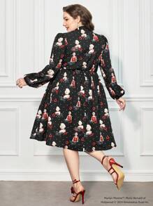 Marilyn Monroe X SHEIN Vestido largo elegante y casual de talla grande con estampado de retrato a lunares, otoño/invierno