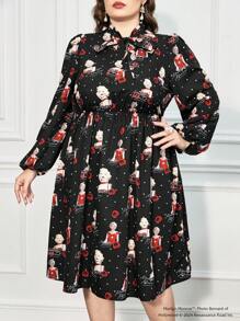 Marilyn Monroe X SHEIN Vestido largo elegante y casual de talla grande con estampado de retrato a lunares, otoño/invierno