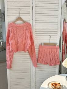 GlowEve 粗针织落肩开衫&针织短裤&吊带背心 3 件套 - 珊瑚粉 - 查看 2