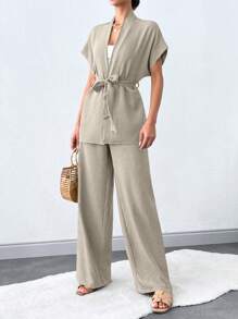 SHEIN Tall 女款純色短袖上衣與長褲兩件套，附腰帶，適合高個女性 - 米色 - 查看 6