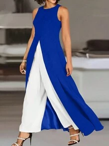 SHEIN Clasi 2pcs Plus Size Casual Solid Color Sleeveless Long Blouse And Long Pants Set, Summer - Blue - View 4