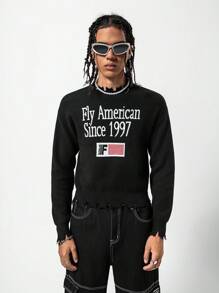 SHEIN 青少年秋装圆领长袖时尚破洞边字母毛衣简约时尚百搭针织上衣