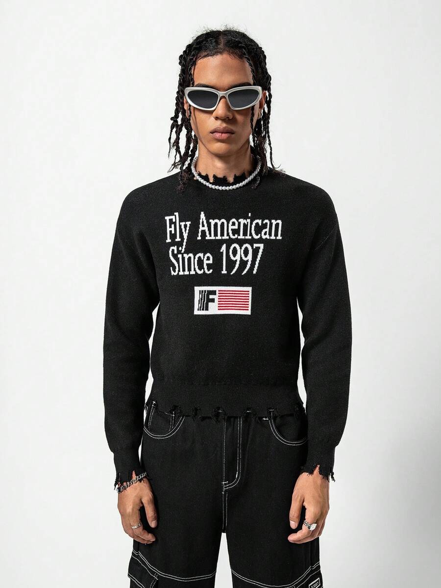 SHEIN 青少年秋装圆领长袖时尚破洞边字母毛衣简约时尚百搭针织上衣