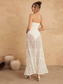 L'Amorae 女士纯色抹胸褶饰网眼拼接迷你连衣裙，休闲假日 - 杏色 - 查看 3