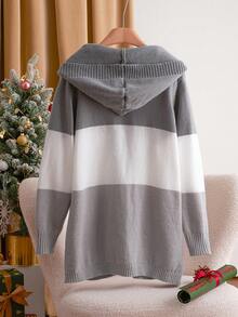 SHEIN Essnce Áo len cardigan cổ lọ dệt kim rộng màu Giáng sinh cỡ lớn, mùa thu/đông - Xám - Xem 6