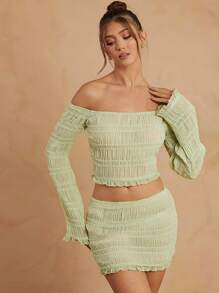 L'Amorae Texture Off Shoulder Bell Sleeve Top & Skirt Set - Green - View 1