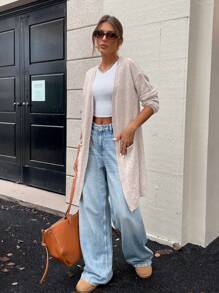 SHEIN LUNE Women's Knit Casual Long Cardigan - Khaki - View 7