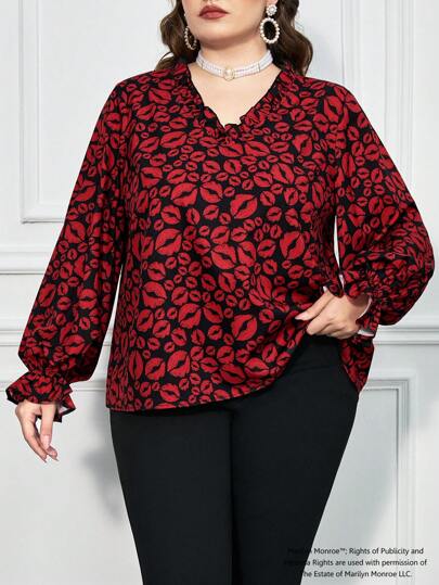 Marilyn Monroe X SHEIN Plus Size Elegant Vintage Wine Red/Black Lipstick Print Loose Long Sleeve Frill Trim Blouse , Casual For Autumn/Winter