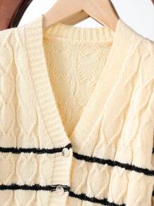 Cárdigan de punto a media altura con cuello en V y rayas para niña, chaqueta tejida casual y de abrigo, de moda para otoño