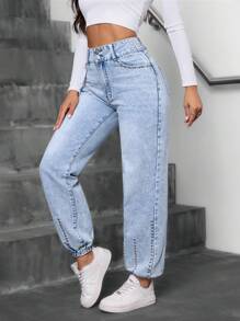Women Washed Faded Distressed Denim Jeans With Pearl Bead Decor - Blue - View 3