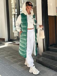 EURMUSE SLEEVELESS CONTRAST COLOR, COLORFUL WINTER COAT HOOD PUFFY LONG VEST - Green - View 5