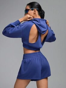 Innovista 女士两件套纯色镂空简约连帽卫衣和短裤运动套装，女童运动服套装秋季、网球、高尔夫、健身、日常休闲、跑步、秋季女装、返校、秋冬女装、运动服 - 藍色 - 查看 10