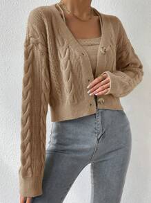 EMERY ROSE 2 件纯色细肩带背心和正面纽扣休闲长袖夹克套装