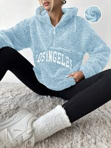 RueChic Women's Simple Printed Fleece Hooded Jacket - Baby Blue - View 1