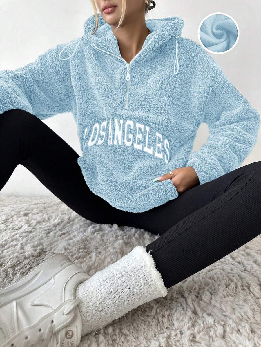 RueChic Women's Simple Printed Fleece Hooded Jacket - Baby Blue - View 1