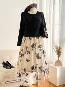 SHEIN Frenchy Plus Size Solid Color Button Front Blouse And Allover Print Skirt 2-Piece Set - Black - View 1