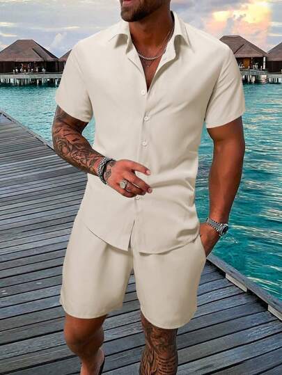 Manfinity RSRT Conjunto informal holgado de camisa de manga corta y pantalón corto de un solo color para hombre, verano