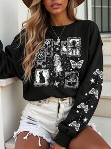 SHEIN LUNE Plus Size Fantasy Girl Print Fleece Sweatshirt For Women, Suitable For Autumn And Winter