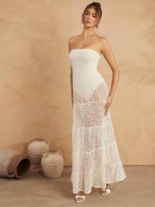 L'Amorae 女士纯色抹胸褶饰网眼拼接迷你连衣裙，休闲假日 - 杏色 - 查看 4