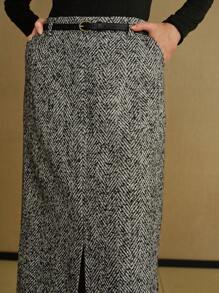 MOTF STUDIO HERRINGBONE SPLIT HEM ZIPPER SKIRT WITH BELT - Grey - View 2