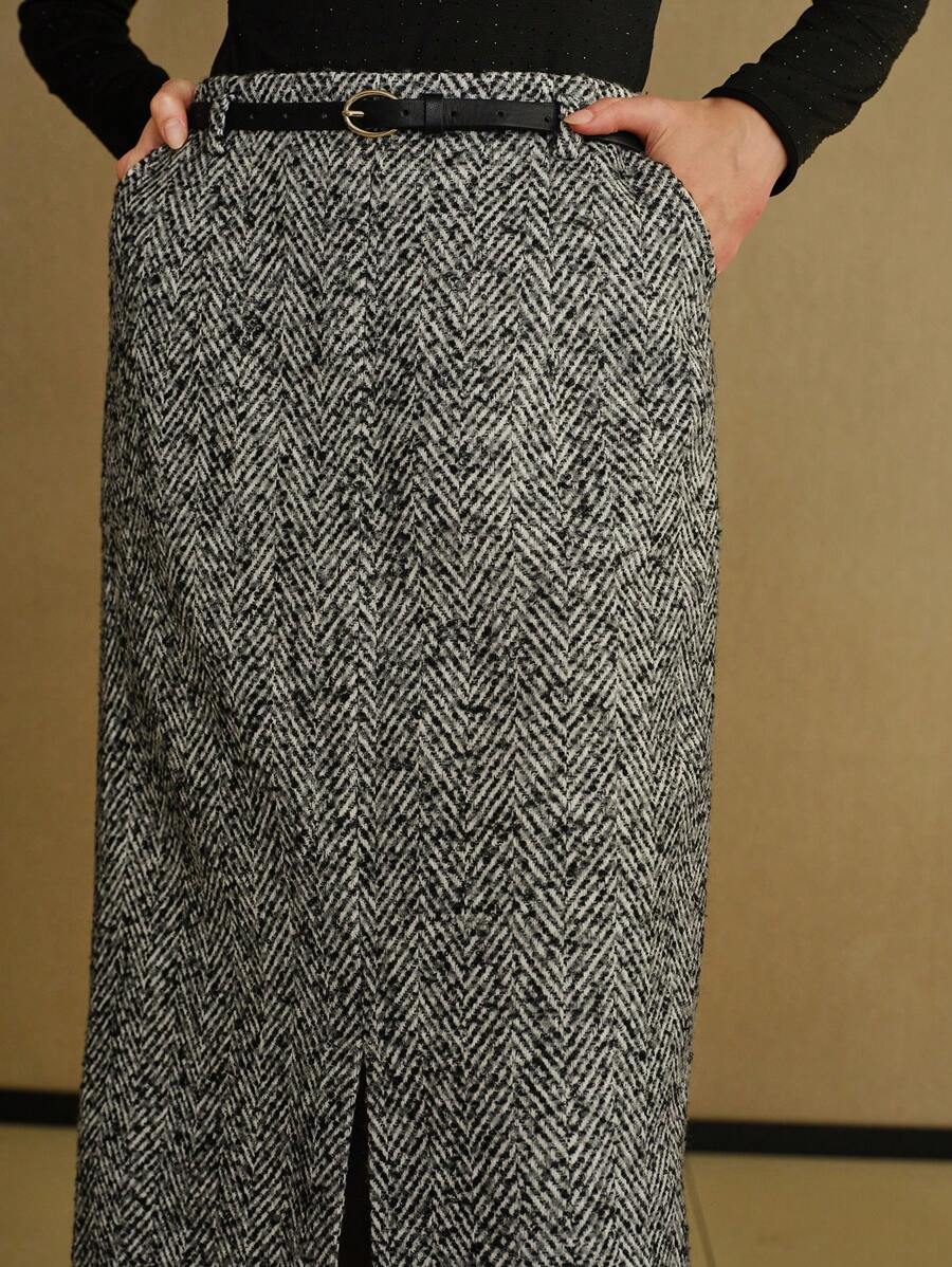 MOTF STUDIO HERRINGBONE SPLIT HEM ZIPPER SKIRT WITH BELT - Grey - View 2