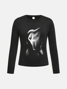 SHEIN Tween Girls' Fitted Casual Long Sleeve T-Shirt With Blurry Skull Pattern And Round Neckline