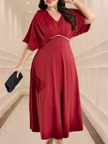Modelyn 勃艮第红色加大码纯色 V 领短袖优雅连衣裙 - 酒紅色 - 查看 3