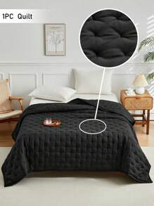 1pc Black Dotted Quilted Polyester Quilt, Simple Japanese Style Bedspread For Single Beds, All Seasons