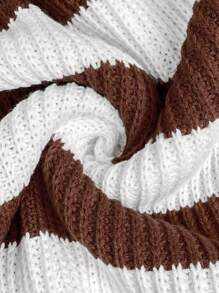 Calvaya 大码圆领长袖条纹毛衣，休闲日常针织套头衫，秋冬季 - 駝色 - 查看 7