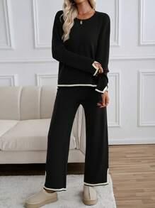 2pcs Women Knitted Sweater & Pants Set, Casual Contrast Color Knit Tops & Trousers Suit, Autumn/Winter