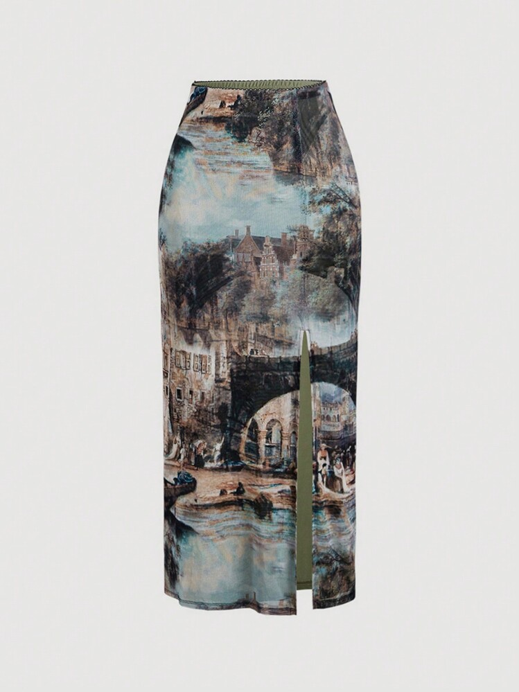 SHEIN MOD Vintage Oil Painting Print Split Hem Skirt - Multicolor - View 1