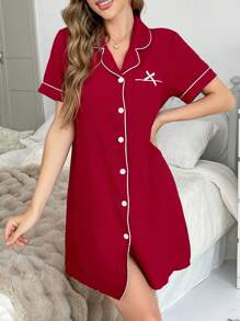 Vestido de dormir/pijama para mujer con cuello vuelto, abotonado, bolsillo parche, decoración de moño y ribete de contraste - Rojo - Ver 8