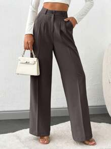 SHEIN Tall Tall Women's High Waist  Detail Wide Leg Suit Pants - Dark Grey - View 3