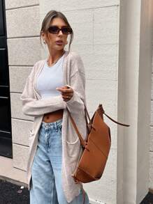 SHEIN LUNE Women's Knit Casual Long Cardigan - Khaki - View 4