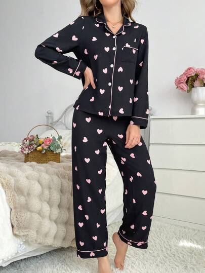 Contrast Collared Top Heart Bubble Wrinkled Women Pajama Set Cozy Elegante s, Fall Clothes view 5