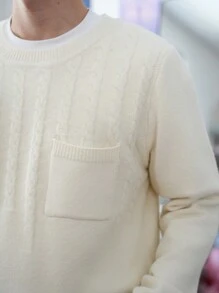 Manfinity Hypemode Men's Solid Color Round Neck Long Sleeve Pocket Loose Casual Sweater, Autumn Winter - Beige - View 3