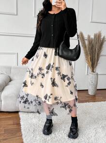 SHEIN Frenchy Plus Size Solid Color Button Front Blouse And Allover Print Skirt 2-Piece Set - Black - View 8