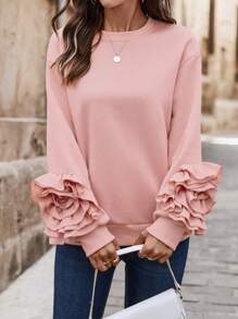 EMERY ROSE Women's Casual Raglan Sleeve Floral Embroidered Pullover Fall Sweatshirt - Pink - View 3