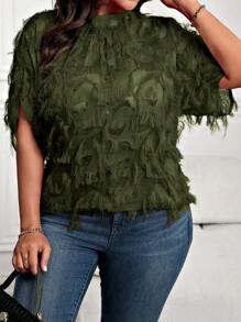SHEIN Clasi Plus Size Solid Color Fringe Stand Collar Short Sleeve Casual Blouse - Army Green - View 5