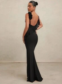 L'Amorae ROSETTE 不对称领口鱼尾下摆 BODYCON 连衣裙 - 黑色 - 查看 4