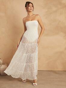 L'Amorae 女士纯色抹胸褶饰网眼拼接迷你连衣裙，休闲假日 - 杏色 - 查看 5