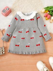 Baby Girl Long Sleeve Cherry Pattern Sweater Dress - Light Grey - View 1
