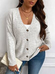 Vionelle Cárdigan de punto de cuello en V con botones y manga larga de un solo color, para invierno, en tallas grandes - Gris - Ver 5