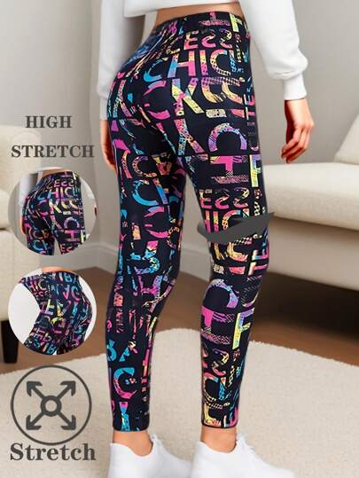 Women's Fashion Black Leggings With Colorful Letter Print, Stretchy Skinny Cropped Tights For Fitness, Yoga, Workout, Outdoor Activities, Soft And Comfortable